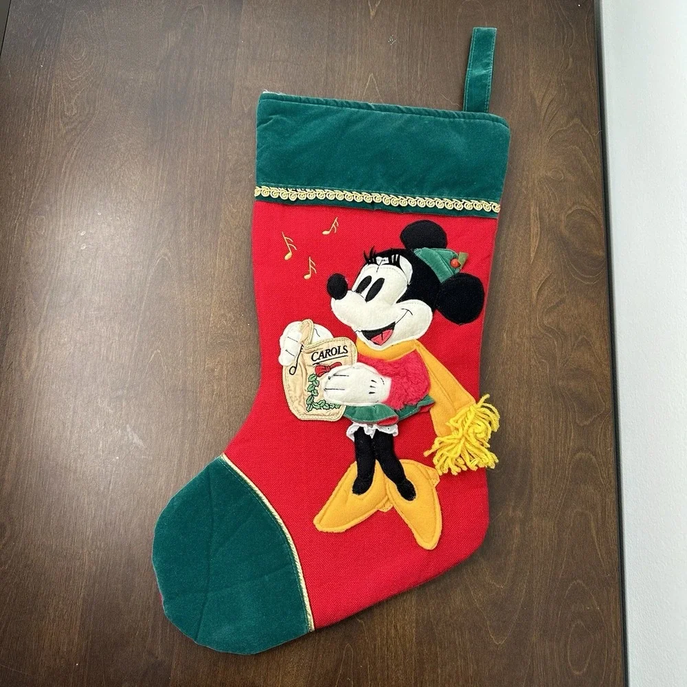 Vintage Disney Mickey Minnie Mouse Felt 3D Christmas Stocking Drummer Caroler